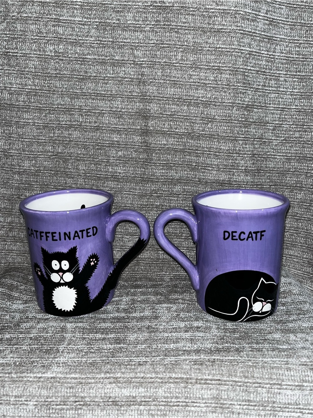 2 Mugs Purple Black Cat Caffeinated Decaf Coffee Tall Cups Funny New